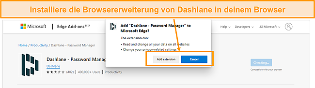 Screenshot der Installation der Dashlane-Browsererweiterung.