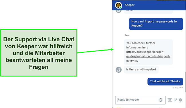 Screenshot des Live-Chat-Supports von Keeper.
