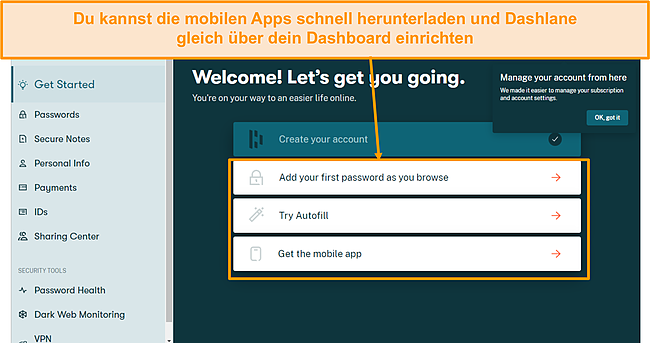 Screenshot der Onboarding-Seite von Dashlane.