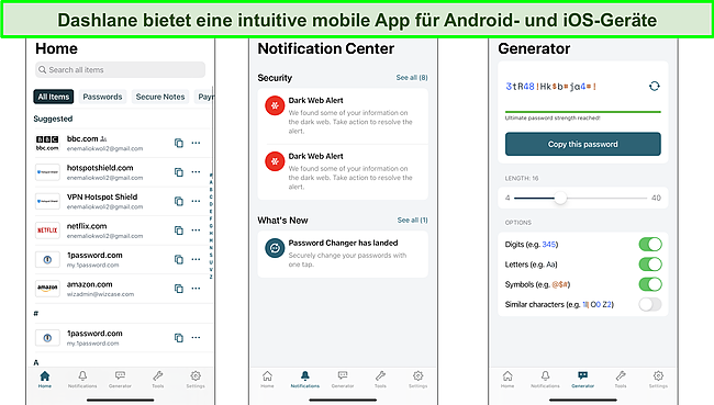 Screenshot der Benutzeroberfläche der mobilen Dashlane-App.