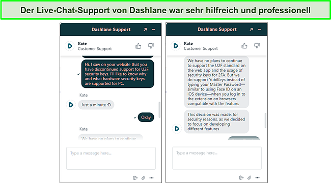 Screenshot des Live-Chat-Supports von Dashlane.