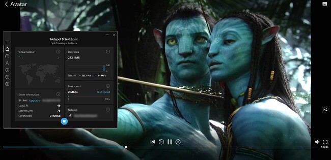 Image of Hotspot Shield connected to a virtual US server, with Avatar streaming on Disney+.
