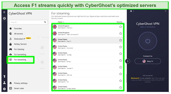 Screenshot of CyberGhost's optimized servers for streaming on the Windows app