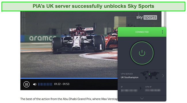Screenshot of Private Internet Access connected to a UK server and streaming the F1 on Sky Sports