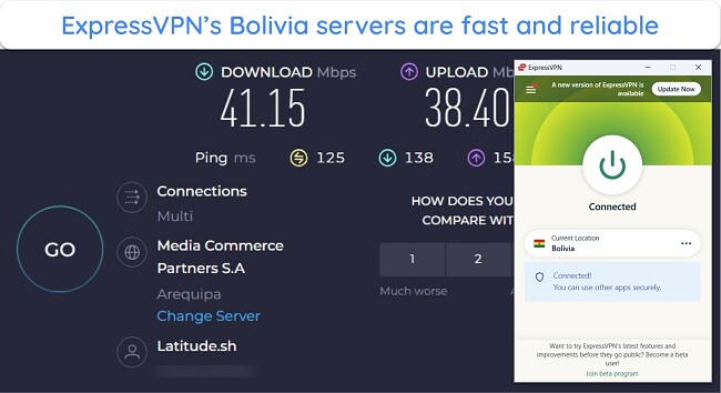  Screenshot of ExpressVPN speed test results on its Bolivia servers