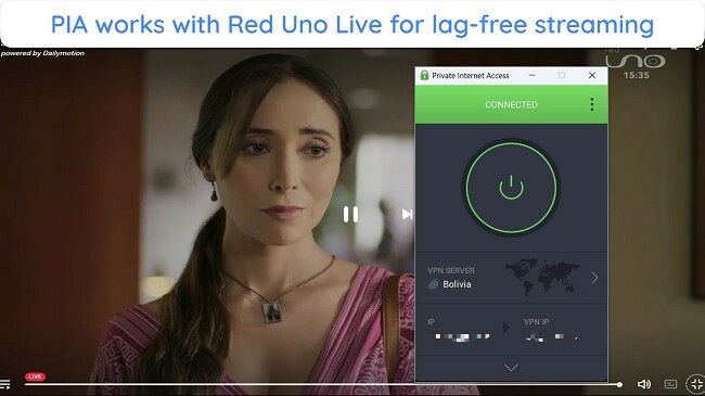 A screenshot of Red Uno Live lag-free streaming while connected to PIA's Bolivia server.
