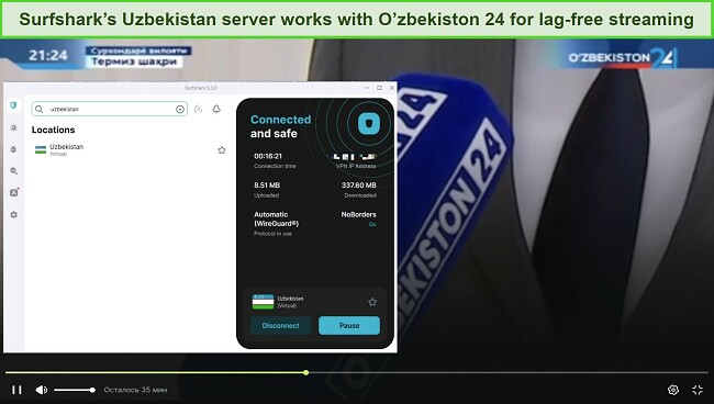A screenshot of streaming O'zbekistan 24 online while being connected to Surfshark's Uzbekistan server.