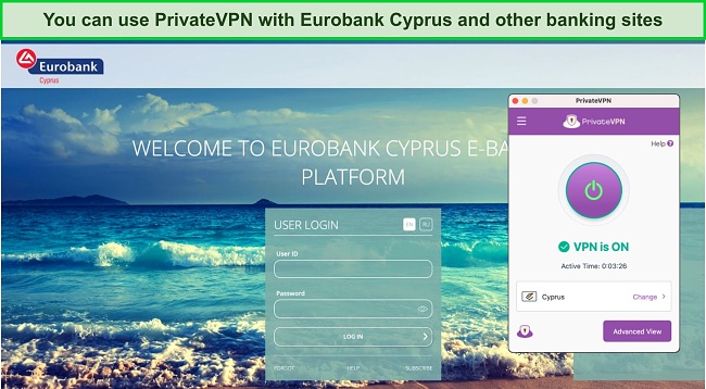 Screenshot of PrivateVPN unblocking Eurobank Cyprus