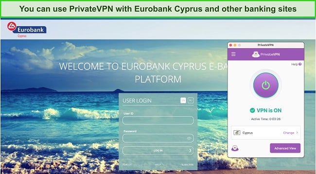 Screenshot of PrivateVPN unblocking Eurobank Cyprus