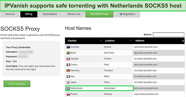 Screenshot of IPVanish SOCKS5 proxy highlighting a torrenting host in the Netherlands