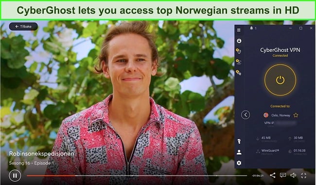 Screenshot of CyberGhost unblocking Robinsonekspedisjonen on Viafree