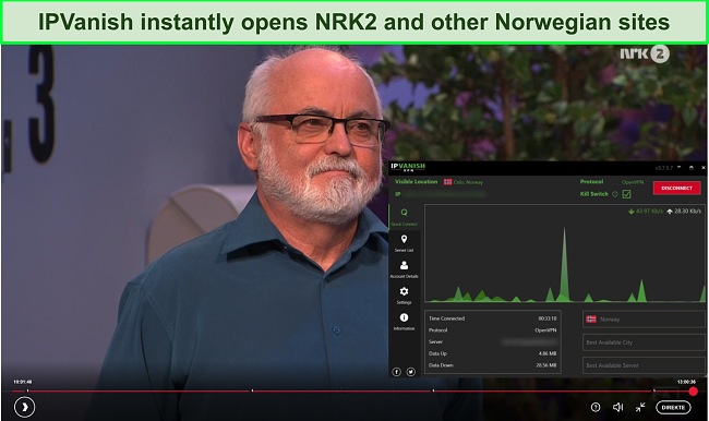 Screenshot of IPVanish unblocking NRK2