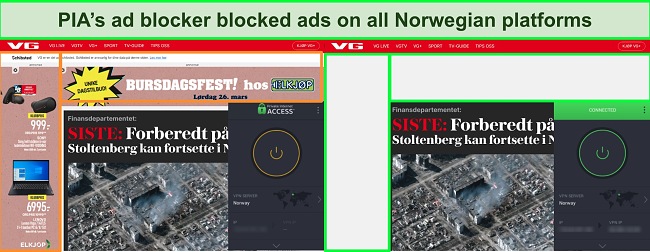 Screenshot highlighting the difference between ads showing on VG without PIA on and no ads with PIA turned on