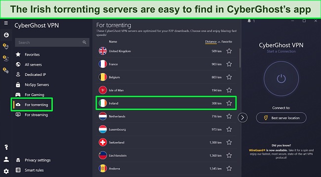 Screenshot of CyberGhost torrenting servers