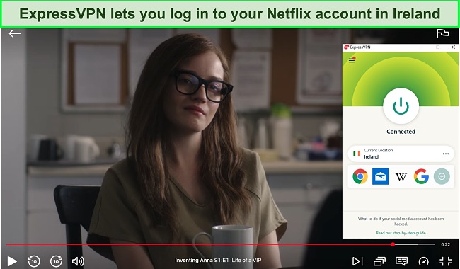 Screenshot of ExpressVPN unblocking Netflix Ireland