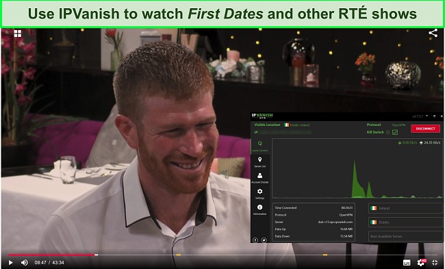 Screenshot of IPVanish working with RTÉ Player