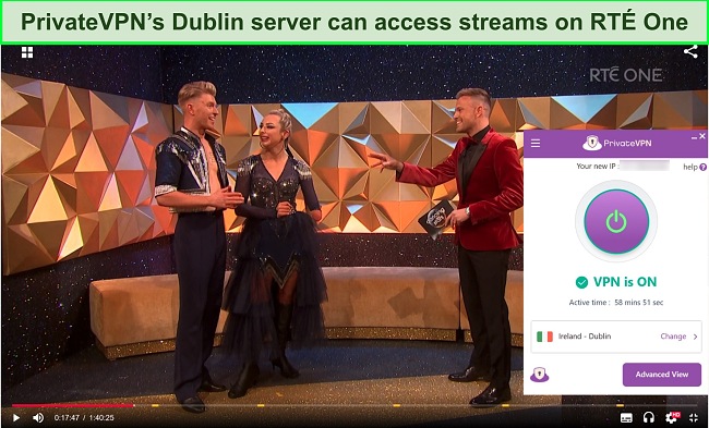 Screenshot of PrivateVPN working with RTÉ One
