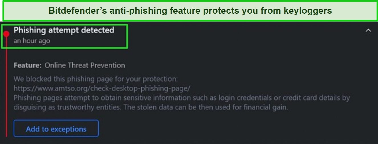 Screenshot of Bitdefender's anti-phishing feature