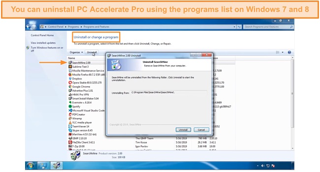 Screenshot of programs list on Windows 7's uninstall programs window