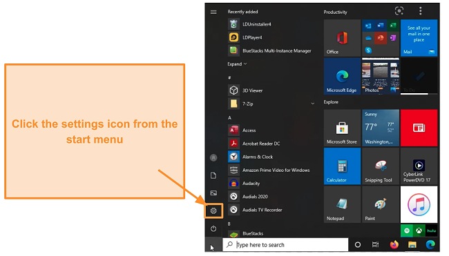 Screenshot of Windows 10 start menu bar