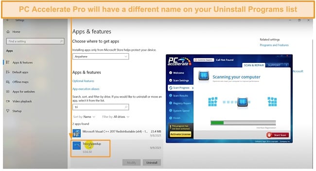 Screenshot showing PC Accelerate Pro having a different name in the uninstall programs list