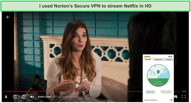 Screenshot of Norton's Secure VPN unblocking Netflix