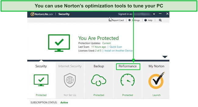 Screenshot of Norton's dashboard containing performance optimization tools