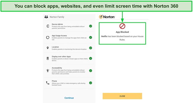 Screenshot of Norton Family's parental control dashboard