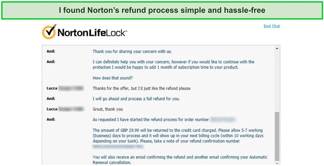 Screenshot of Norton's customer support chat to file a refund