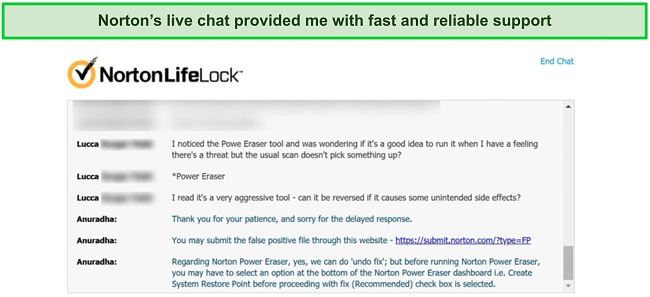 Screenshot of a conversation with Norton's customer support agent using live chat