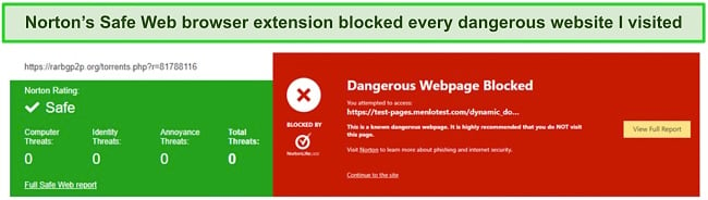 Screenshot of Norton's Safe Web browser extension in action