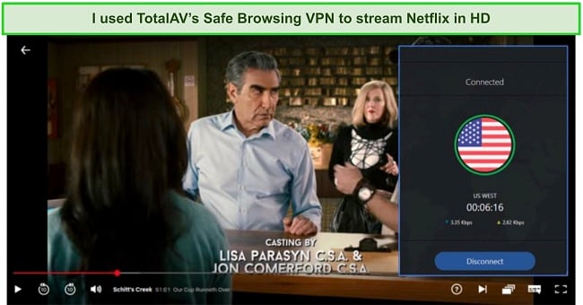 Screenshot of TotalAV Safe Browsing VPN unblocking Netflix
