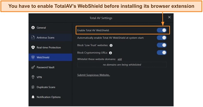 Screenshot of TotalAV's WebShield Settings dashboard