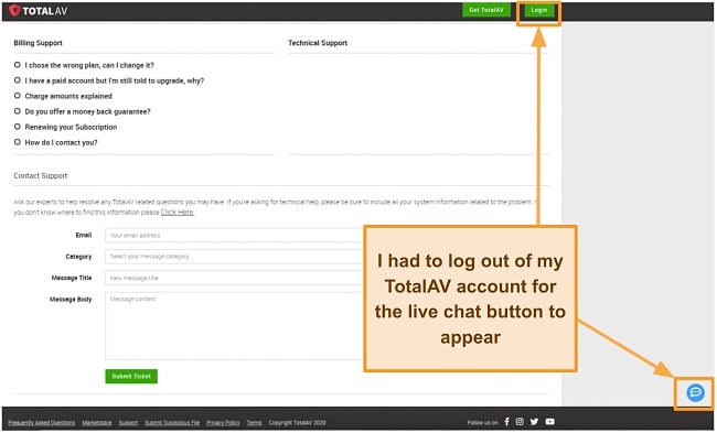 Screenshot of TotalAV's live chat button