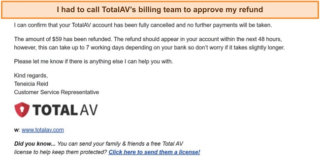 Screenshot of TotalAV's email approving a refund request