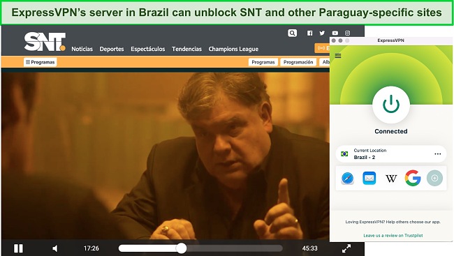Screenshot of streaming a Paraguayan show on SNT using ExpressVPN's server in Brazil