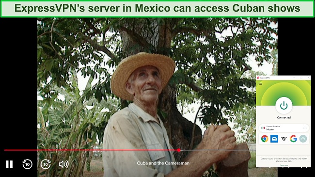 Screenshot of Cuba and the Cameraman playing while ExpressVPN is connected to a server in Mexico
