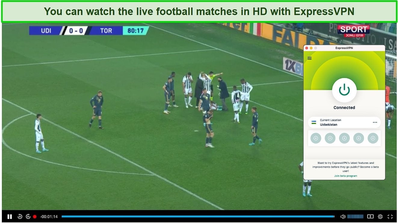 A screenshot of streaming a football match Live on UzTV while the tester is connected to ExpressVPN's Uzbekistan server.