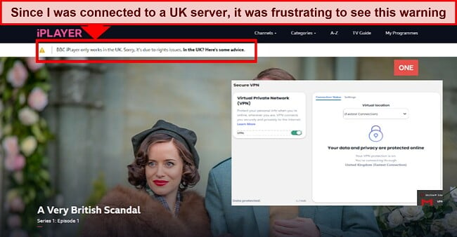 Screenshot showing BBC iPlayer was blocked when I was using McAfee Safe Connect VPN