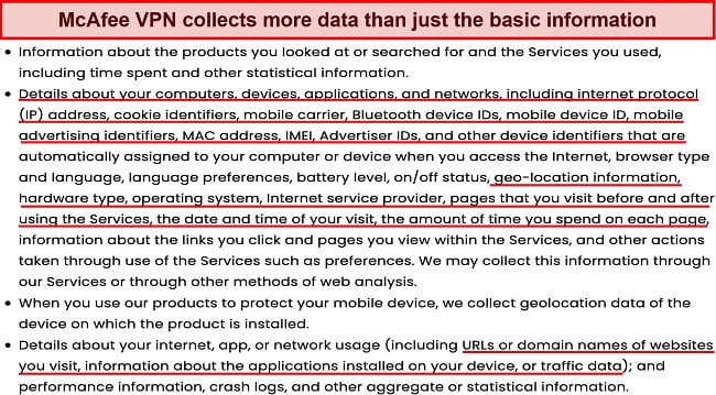 Screenshot of a section from McAfee's privacy policy