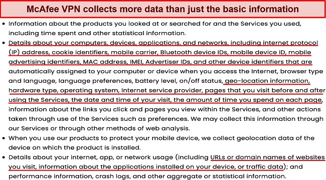 Screenshot of a section from McAfee's privacy policy