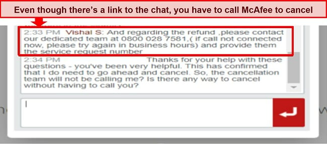 Screenshot of my interaction with McAfee's support about its refund policy