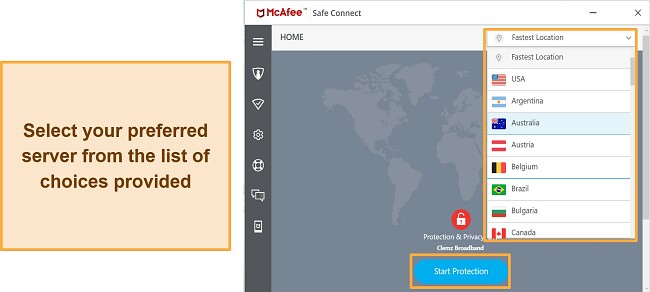 Screenshot of McAfee's VPN connection and server interface