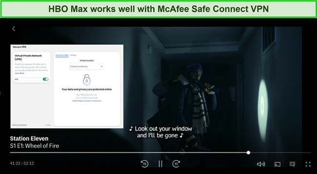 Screenshot of Station Eleven playing on HBO Max while McAfee Safe Connect VPN is connected to a server in the US