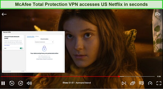 Screenshot of Aarmand Island playing on Netflix while McAfee Safe Connect VPN is connected to a server in the US