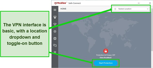 Screenshot of McAfee's VPN user interface