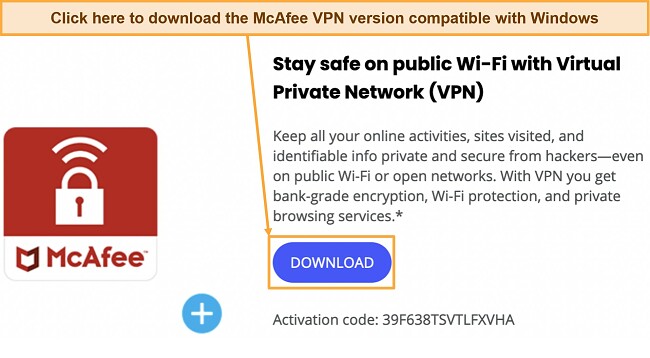 Screenshot of McAfee's VPN Windows application download screen