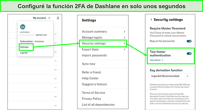 Captura de pantalla de la activación de la función 2FA de Dashlane.