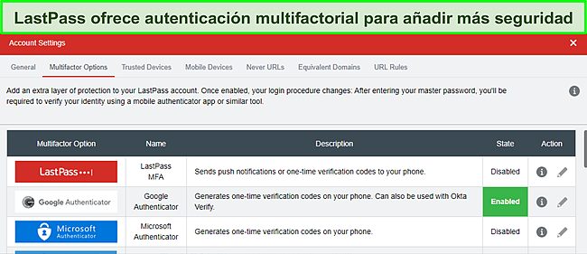 Captura de pantalla de la página de configuración de LastPass Authenticator.
