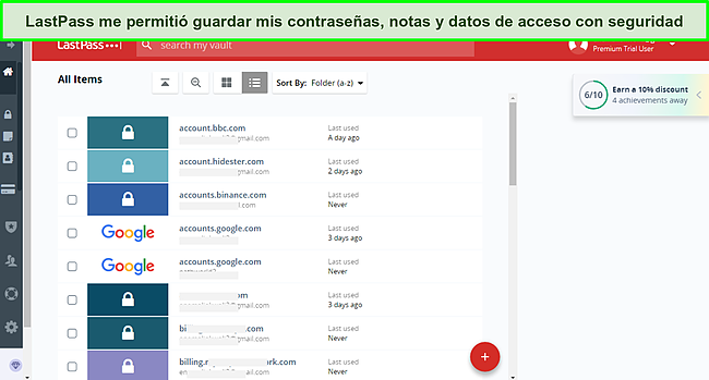 Captura de pantalla de la bóveda de LastPass.